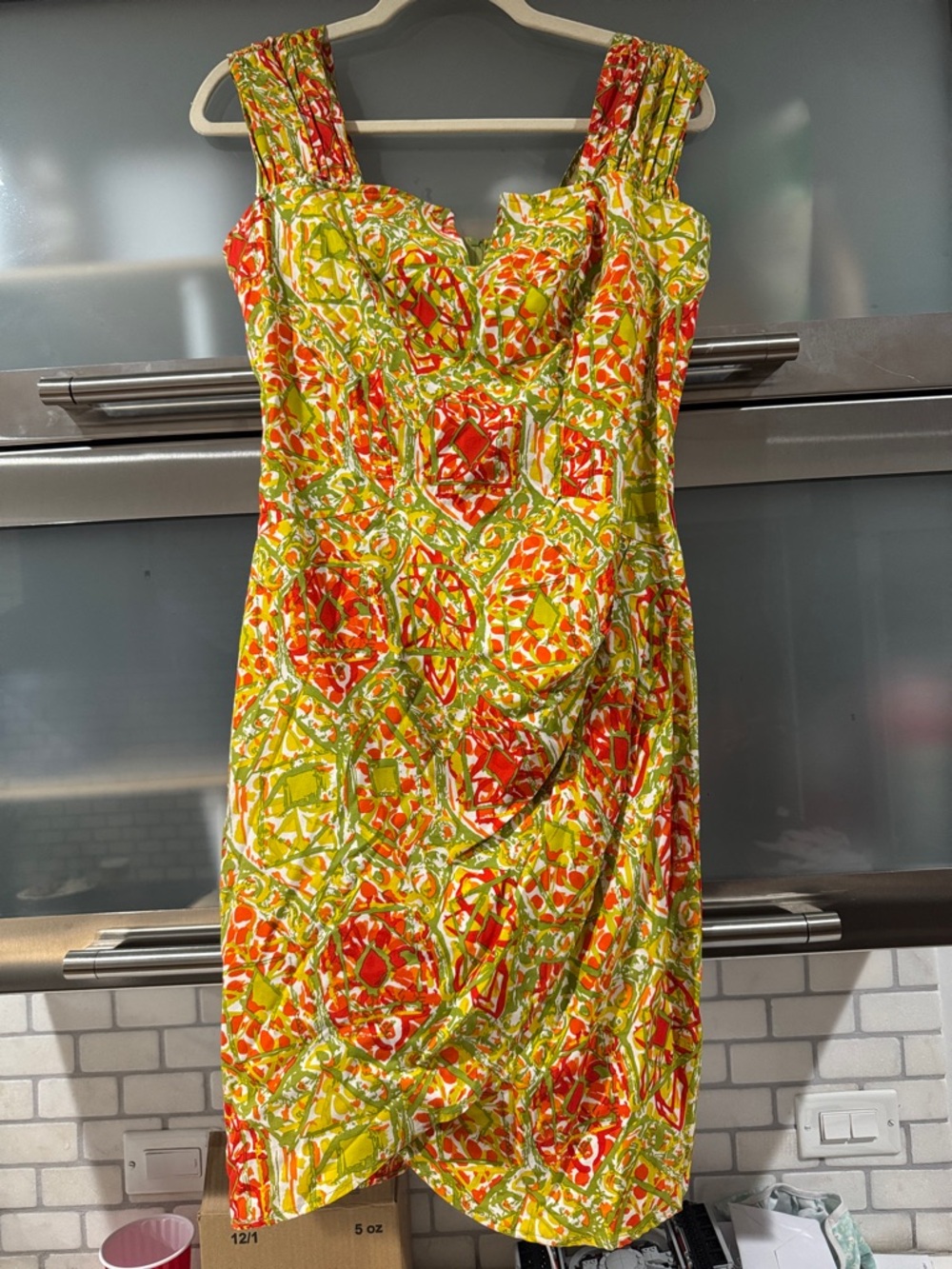 La Belle Vintage Retro Print Midi Dress Orange Green Draped Summer Dress size 7 - Picture 7 of 7
